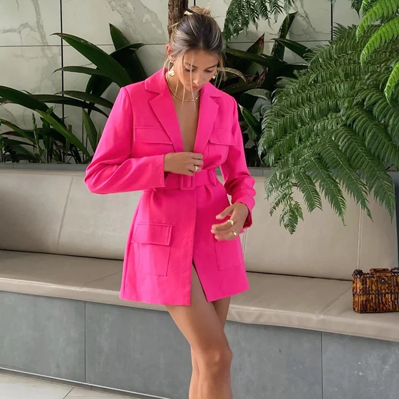 

Spring New Blazer DressTurn-down Collar Belt Coat Casual Women Pink Long Sleeve Pocket Jacket Single Suit 2021 Female Clothes