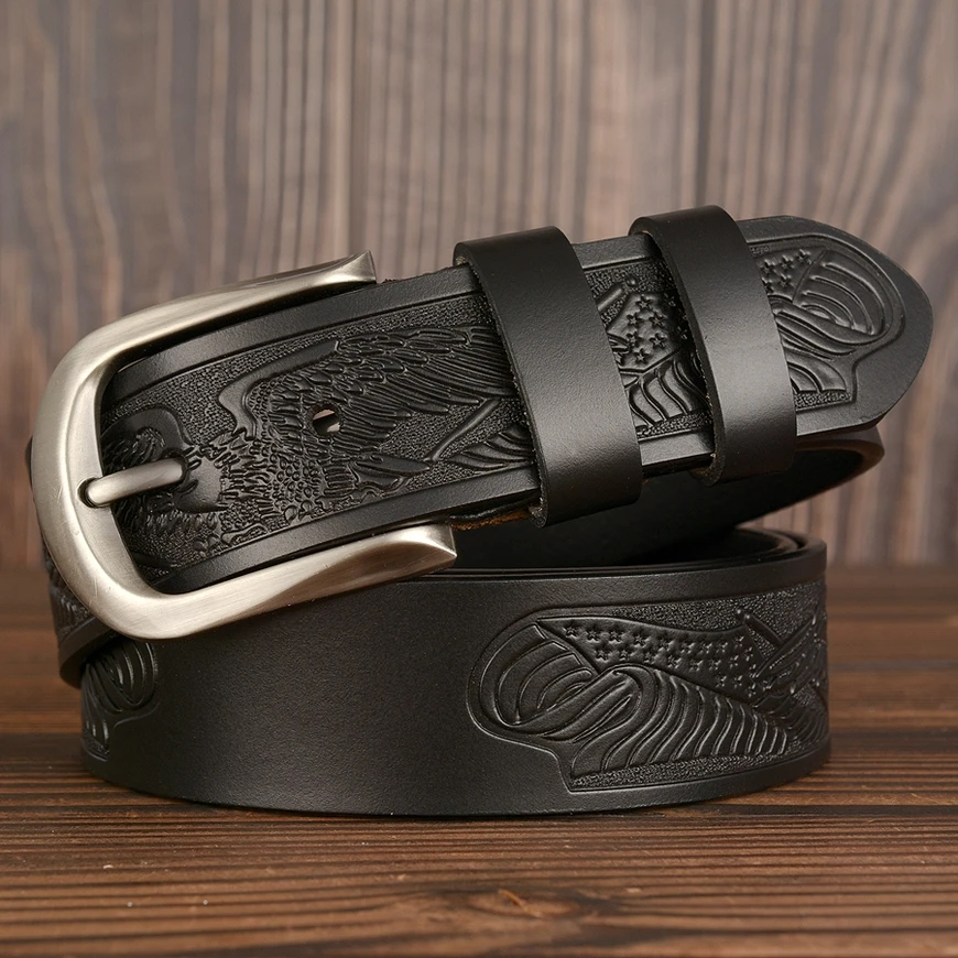 Ремень мужской из натуральной кожи винтажный ковбойский пояс с прессованным