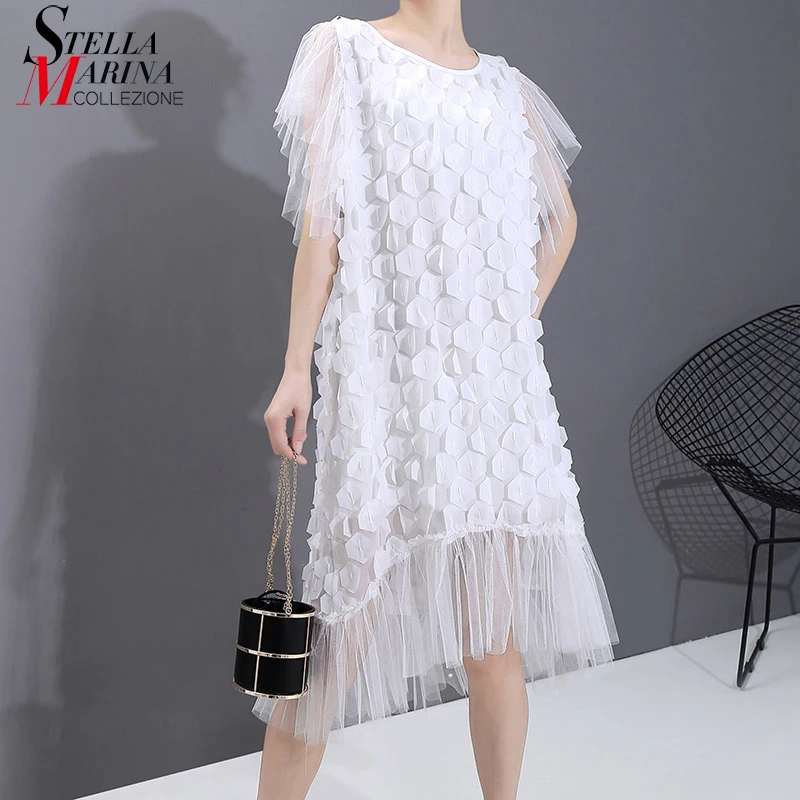 Женское платье средней длины однотонное белое платье-пачка с сеточкой по краю до