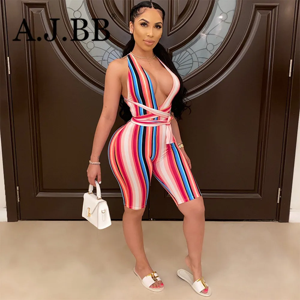 

Summer sexy multicolor striped print sports Jumpsuit fashionable slim fit deep V-neck sleeveless women's Vest shorts