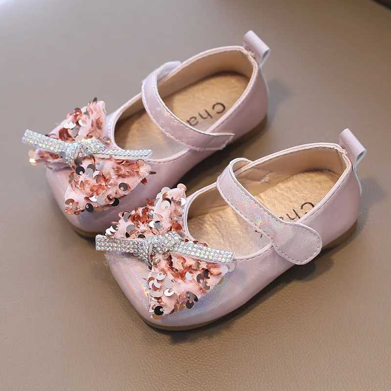 Zapatos de princesa con lentejuelas y lazo para ni&ntilde;as peque&ntilde;as, zapatillas de moda coreana, zapatos de piel sint&eacute;tica para beb&eacute;s, novedad de primavera-5