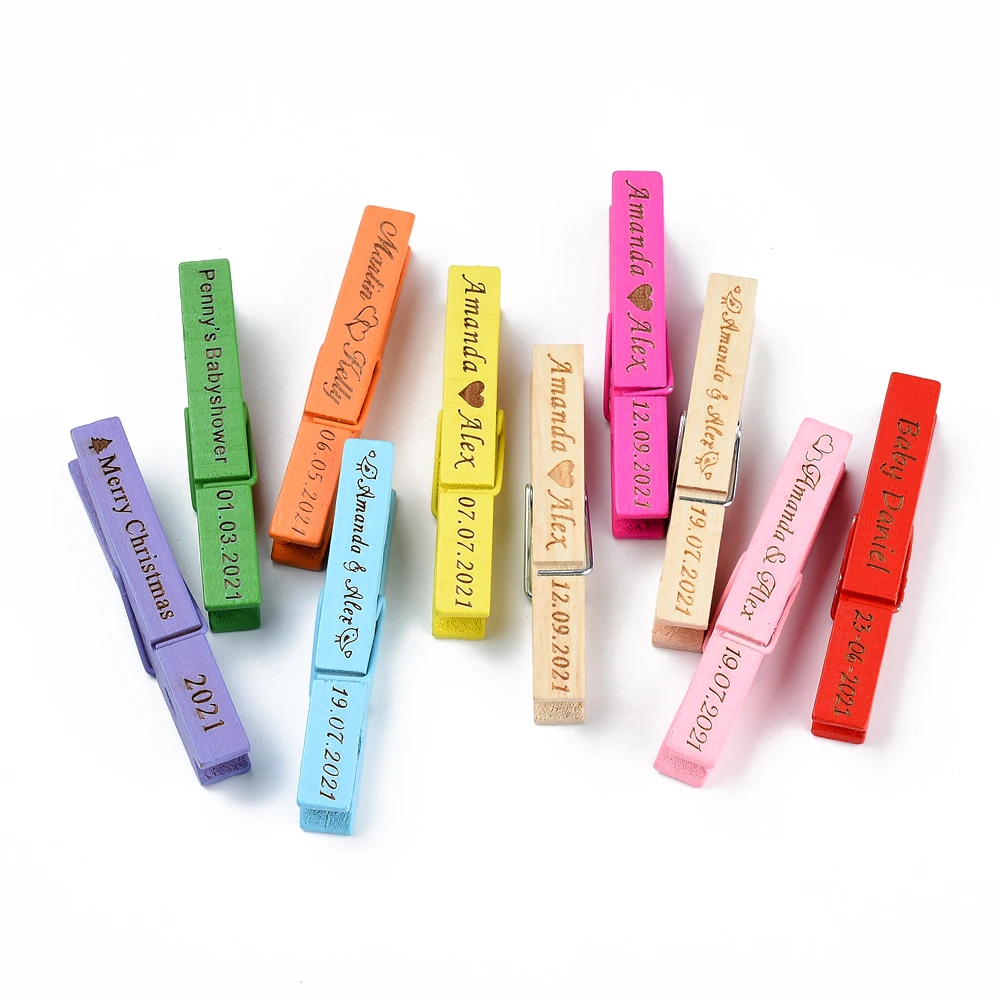

100 Personalized Carved Wooden Photo Clips Wedding Party Decoration Clothespin Postcard Clip Baby Shower Gift Customizable Logo