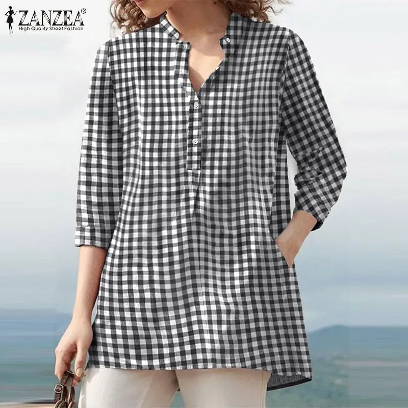 

Vintage Plaid Long Sleeve Shirt ZANZEA Stylish Blouse Women Casual Loose Blusas Female Printed Chemise Buttons Tops Oversized