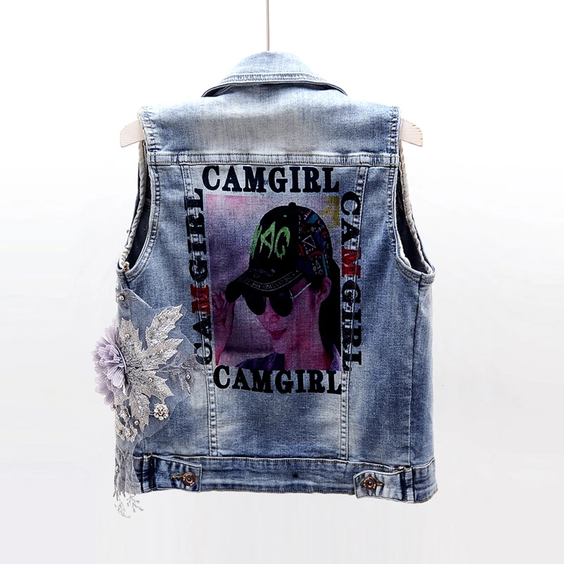 Летний новый модный короткий джинсовый жилет с аппликацией бриллиантов женский
