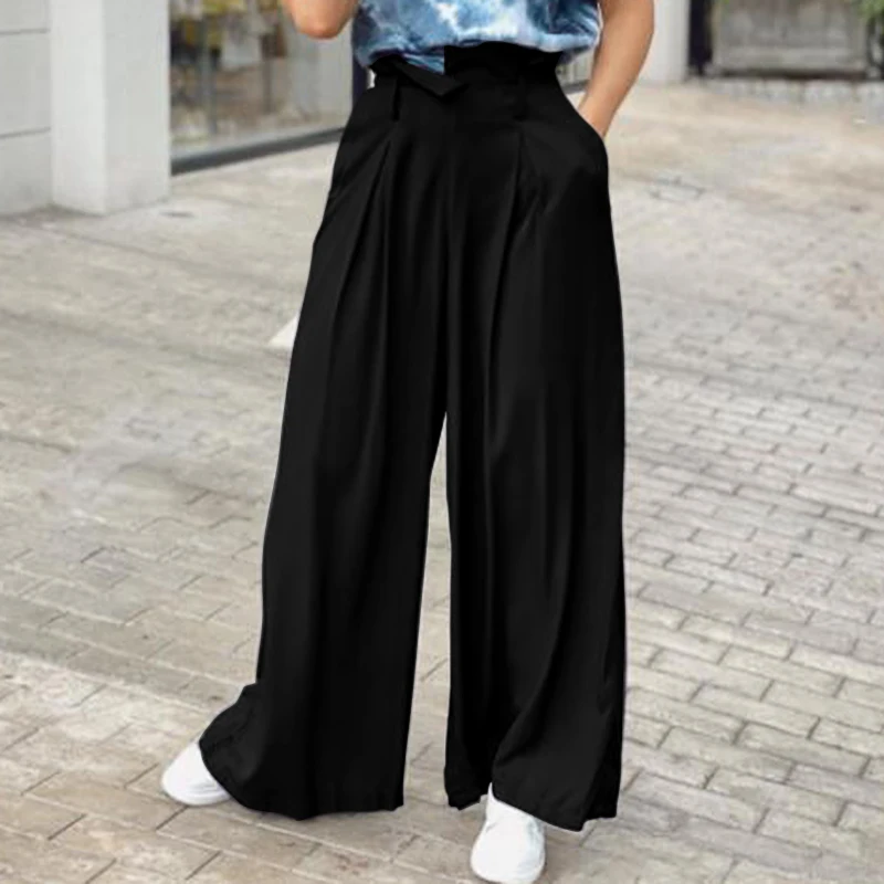 

Oversize Women's Spring Trousers ZANZEA Stylish Wide Leg Pants Casual Pleated Long Pantalon Palazzo Female Pockets Solid Turnip