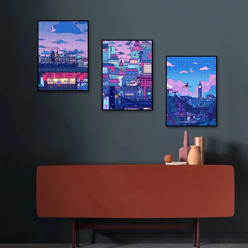 Мультяшный аниме художественный постер точки зрения улица печать ночное дерево