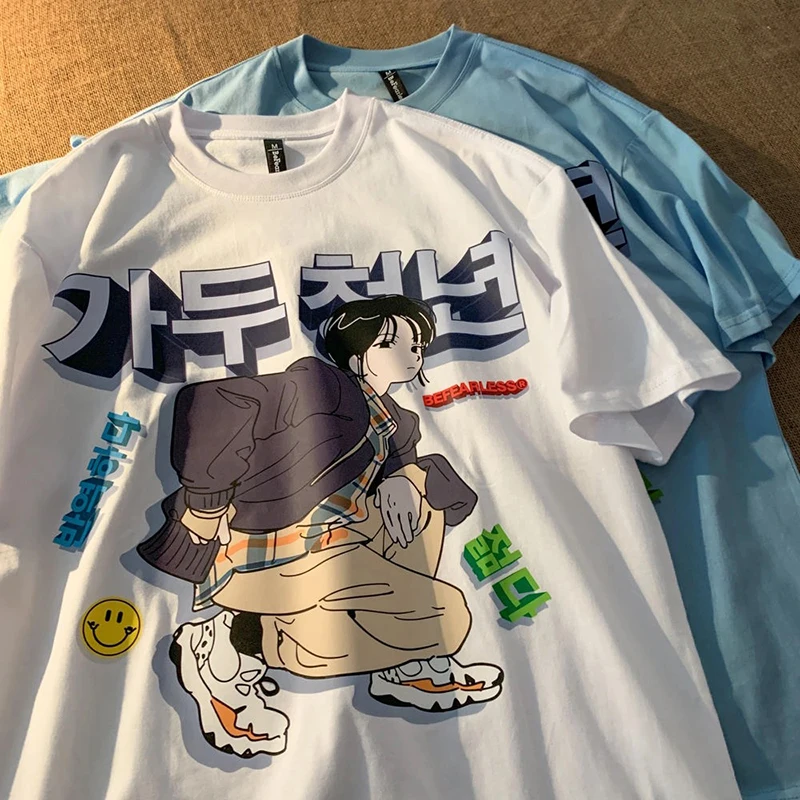 Футболка женская хлопковая с коротким рукавом в стиле хип-хоп принтом Корейском |