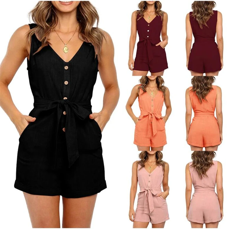 

Casual Playsuit Woman Off Shoulder Belt Tunic Pink Black Solid Summer Elegant Short Jumpsuit 2020 Overalls For Women