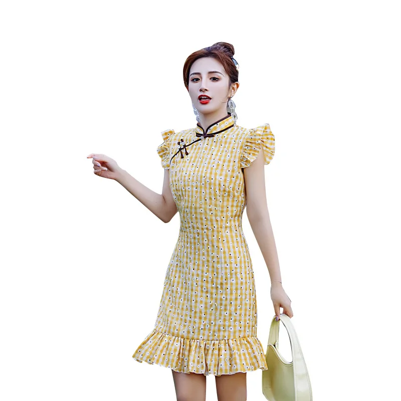 

Chinese Traditional Dress Vintage Cotton Linen Ruffle Cheongsam Elegant Qipao Tight Banquet Woman Oriental Clothes