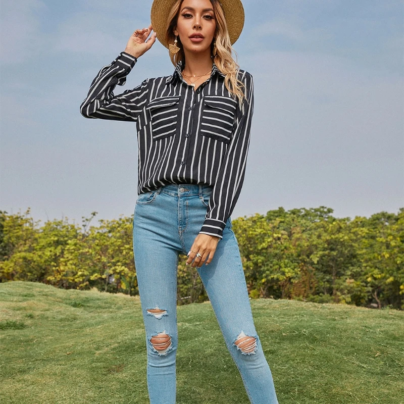 

Women Long Sleeves Blouses Buttons Down V Neck Vertical Striped Loose Tops Shirt L9BE