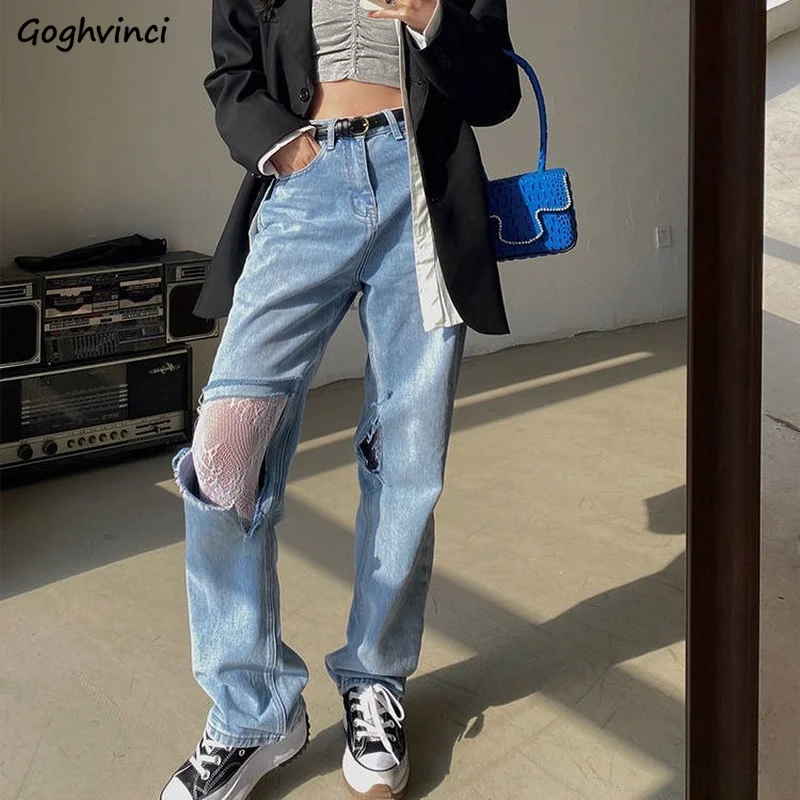 

Jeans Women Denim Ripped Straight Korean Style High Waist Design All-match Lace Casual Sexy Hip-hop Club Streetwear Vintage Hole