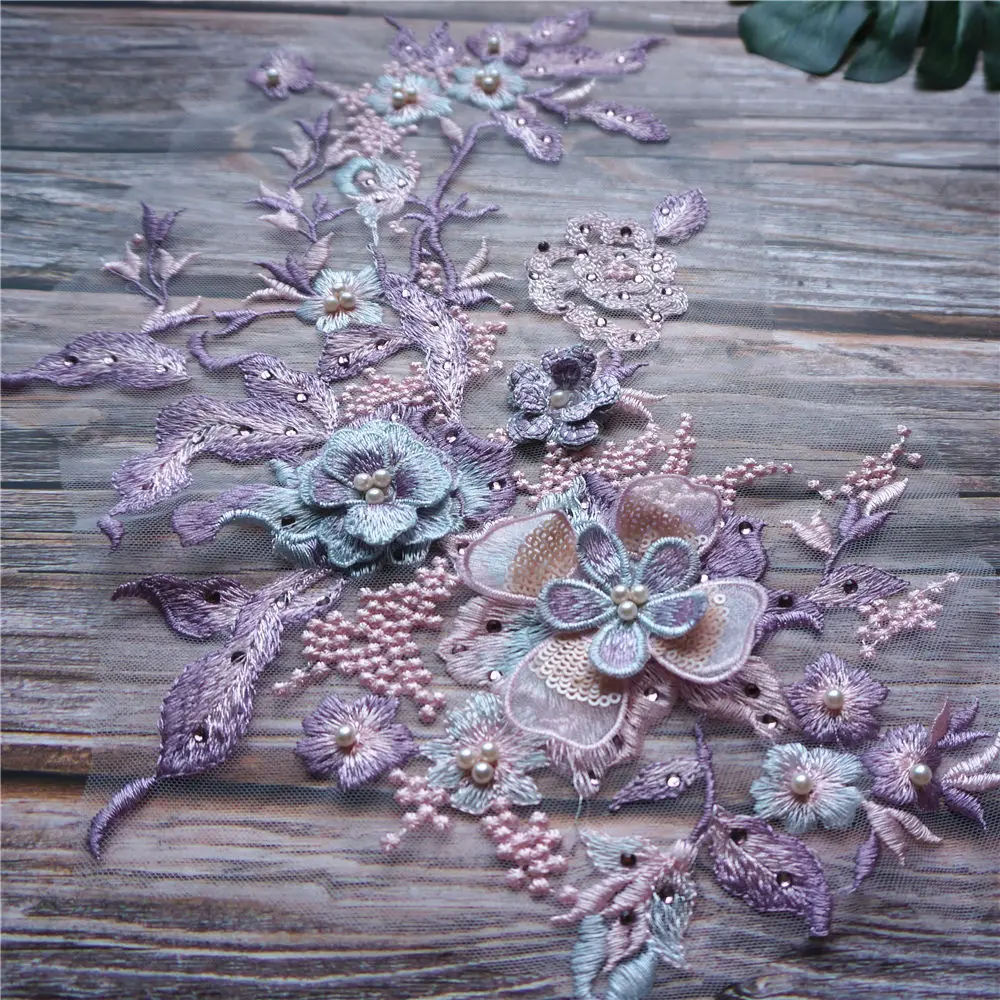 Фиолетовые 3D Цветочные кружевные тканевые бусины вышитая стразами Аппликация
