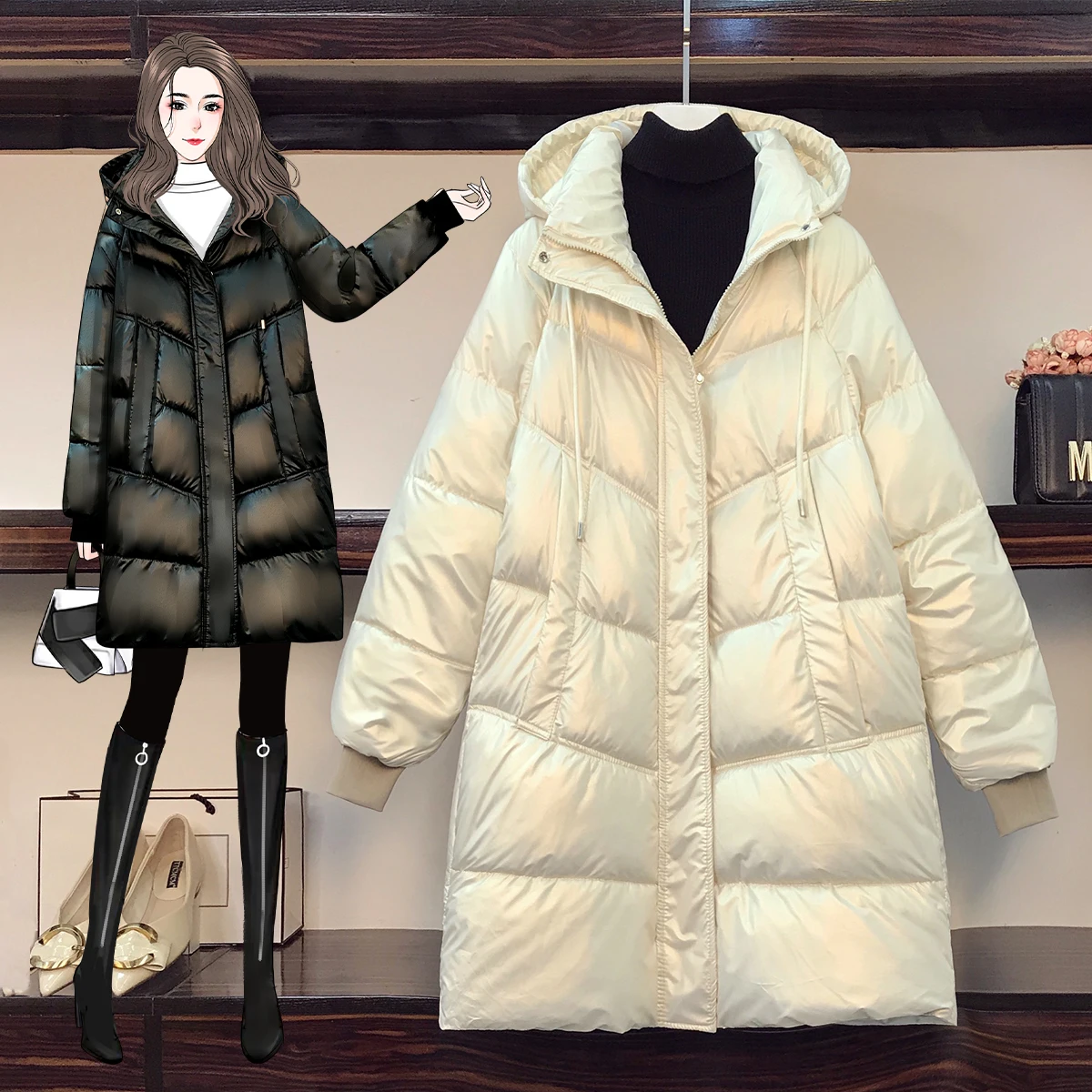 

Женская зимняя куртка большого размера, новая глянцевая парка с пузырьковой талией, свободные тонкие пальто средней длины до колен в стиле ...