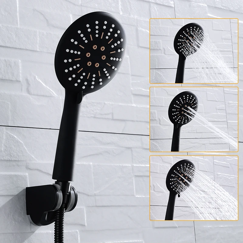 

3 Setting Water Saving Multi-Function Bathroom Hand Held Shower Head Black with Shower Hose and Adjustable Bracket Wall Mount