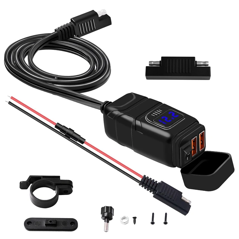 

Waterproof QC 3.0 Motorcycles Dual USB Charger Kit with Voltmeter Switch SAE to USB 24W+24W for ATV Bike Snowmobile