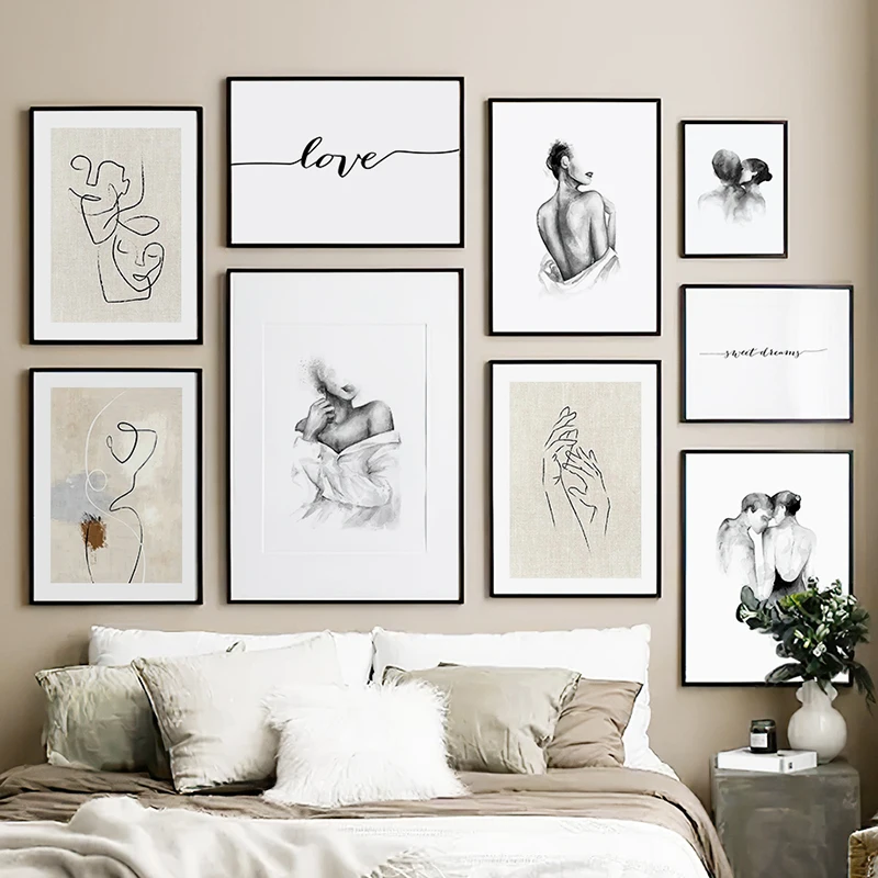 

Wall Art Canvas Painting Black White Sketch Girl Lover Line Art Face Body Abstract Nordic Print Posters Wall Pictures Room Decor