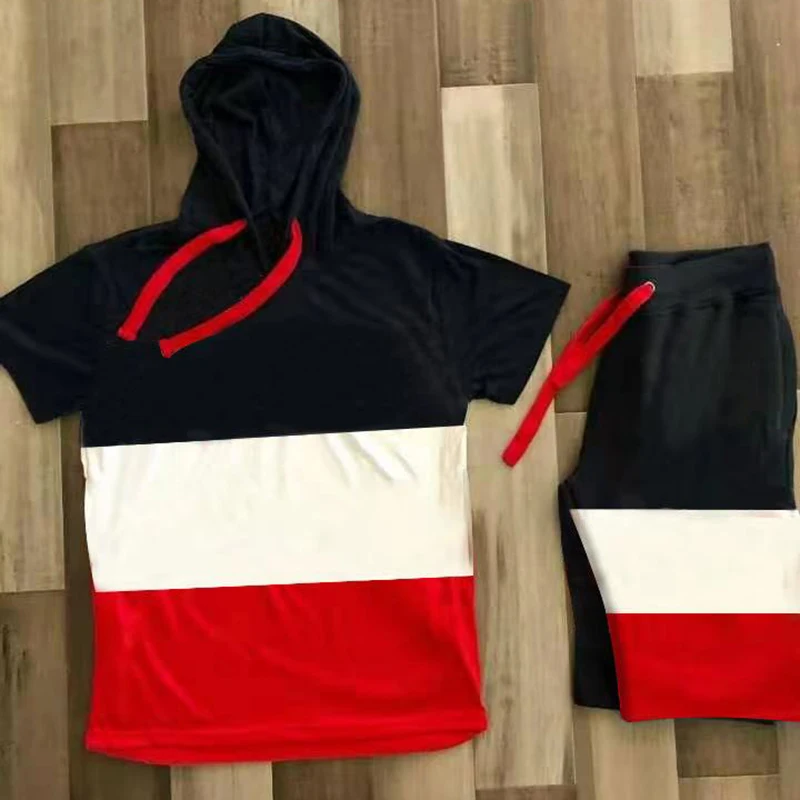 

2021 new European and American hooded personality vest men's casual sports loose T-shirt short-sleeved shorts sports suit