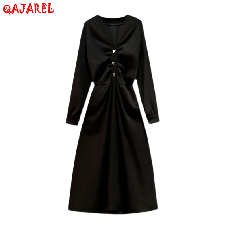 

Women Elegant Bodycon Casual Midi Dress Autumn Winter Black Hepburn Corduroy Robe 2022 New 5XL Solid Office Lady Evening Dress