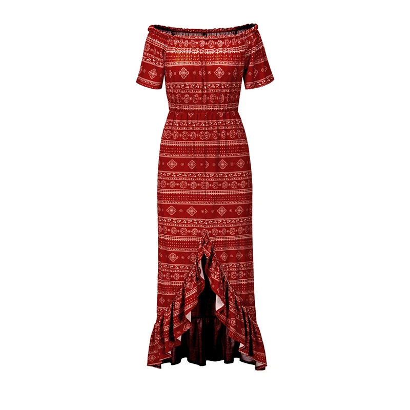 

Casual Women Off Shoulder Bohemian Dress Ladies Short Sleeve Long Beach Dress Female High Waist Dress for Summer