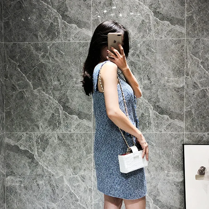 

Hot Sale Summer Women Sleeveless Straps Tweed Dress Pearls Single Breasted Mini Elegant Ladies Backless Party Dresses Blue Twill