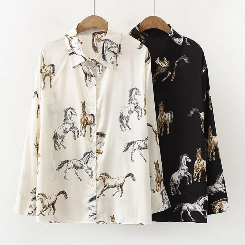 

Chic Animal Horse Print Long Sleeve Women Shirt Spring Retro Hong Kong Style Design Niche Satin Blouse