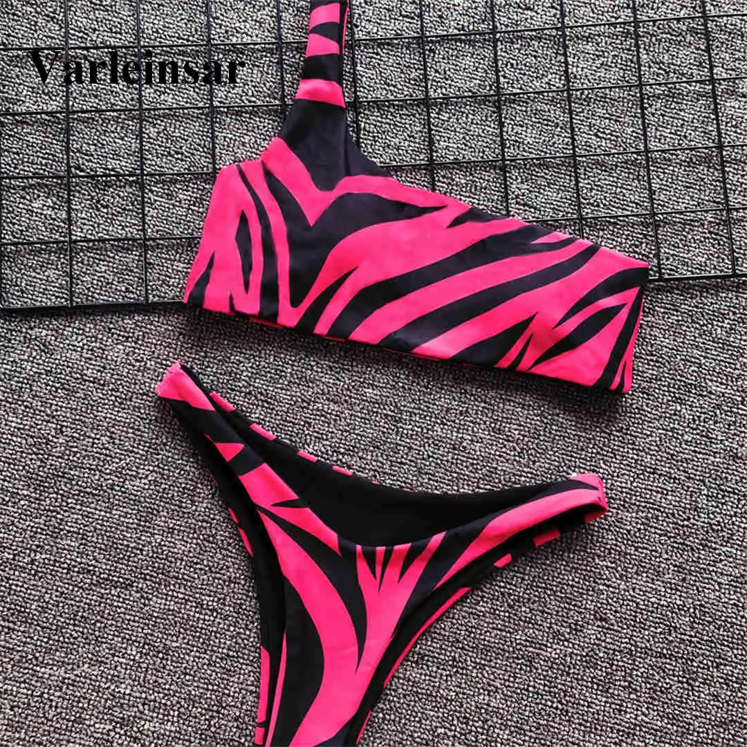 Sexy One Shoulder Bikini 2020 Women Swimwear Female Swimsuit Two-pieces set Zebra Printed Bather Bathing Suit Swim V1483G | Спорт и
