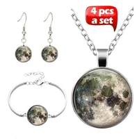 galaxy gray moon planet cabochon glass pendant necklace bracelet earrings jewelry set totally 4pcs for womens fashion jewelry