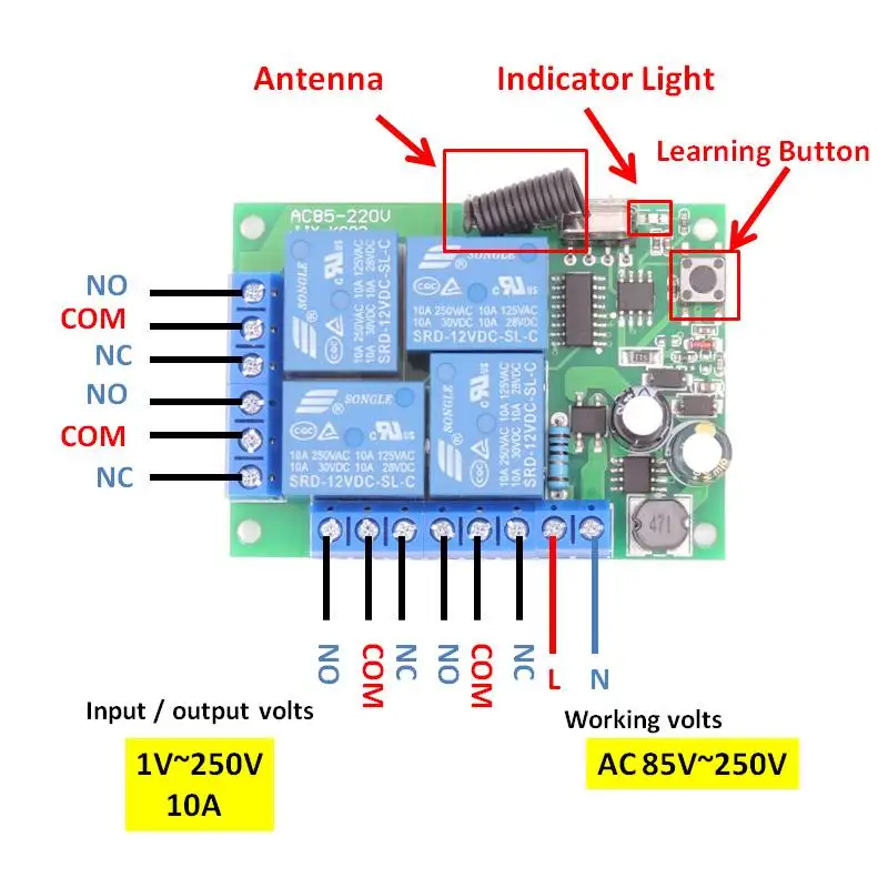 AC85V ~ 220V 10Amp 2200W 433MHz RF беспроводной пульт дистанционного управления 4CH релейный