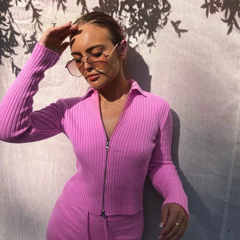 

Fashion Autumn New Long-sleeved Sweater Cardigan All-match Lapel Personality Jacket Double Zipper High-elastic Knitted Pullover