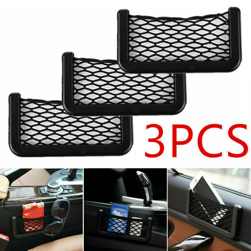 

3PCS Universal Car Seat Side Back Storage Net Bag Phone Holder Pocket Organizer Double-Sided Net Bag Interior Accessories