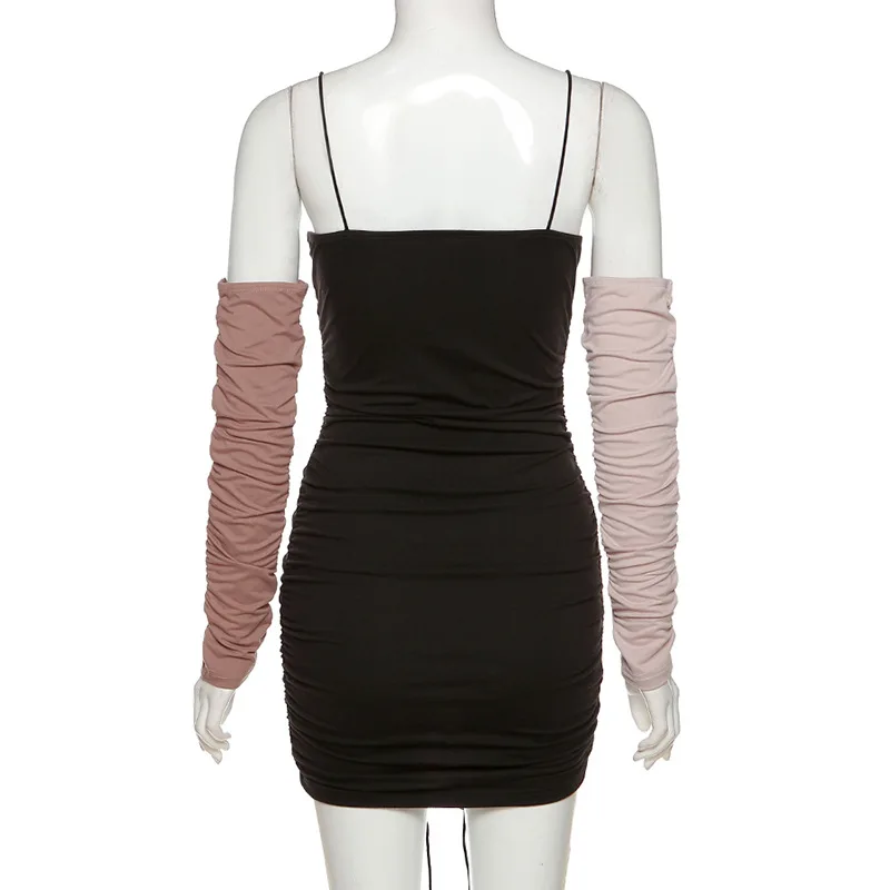 

2021 New Summer Sexy Shirring Short Dress Women Full Sleeve Patchwork Color Deep V Neck Ladies Bodycon Spaghetti Strap Hip Dress