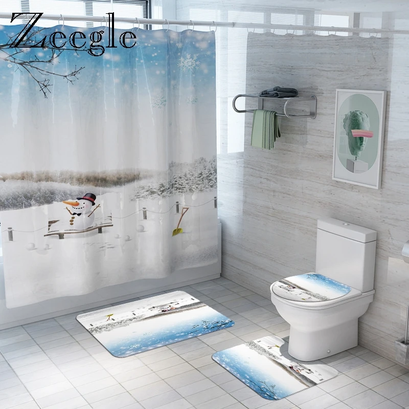 Zeegle душ Шторы с коврик для ванной комнаты Набор принтом снежинок Туалет Тип