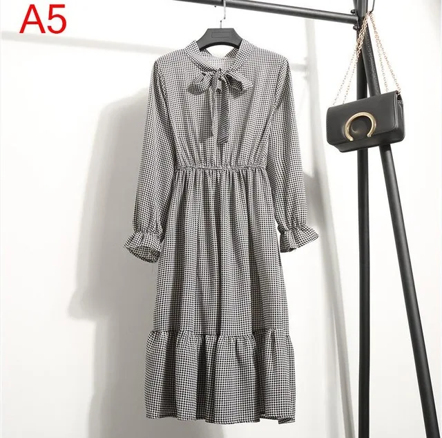 A5 Корейская черная рубашка Vestidos для офиса в горошек, винтажные осенние платья, Женское зимнее платье, миди платье с цветочным рисунком и длинным рукавом для женщин - Цвет: A5