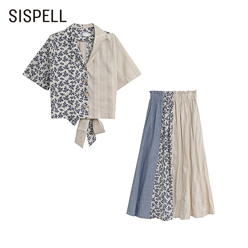 

Женский лоскутный костюм SISPELL с цветочным принтом, свободная рубашка с отложным воротником и коротким рукавом, юбка с высокой талией, облега...