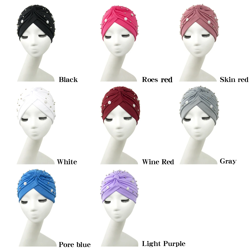 

New Fashion Solid Color Beaded Fold Hats Muslim Headscarf Hats For Women With Pearl Wrap Hair Headband Hair Accessories