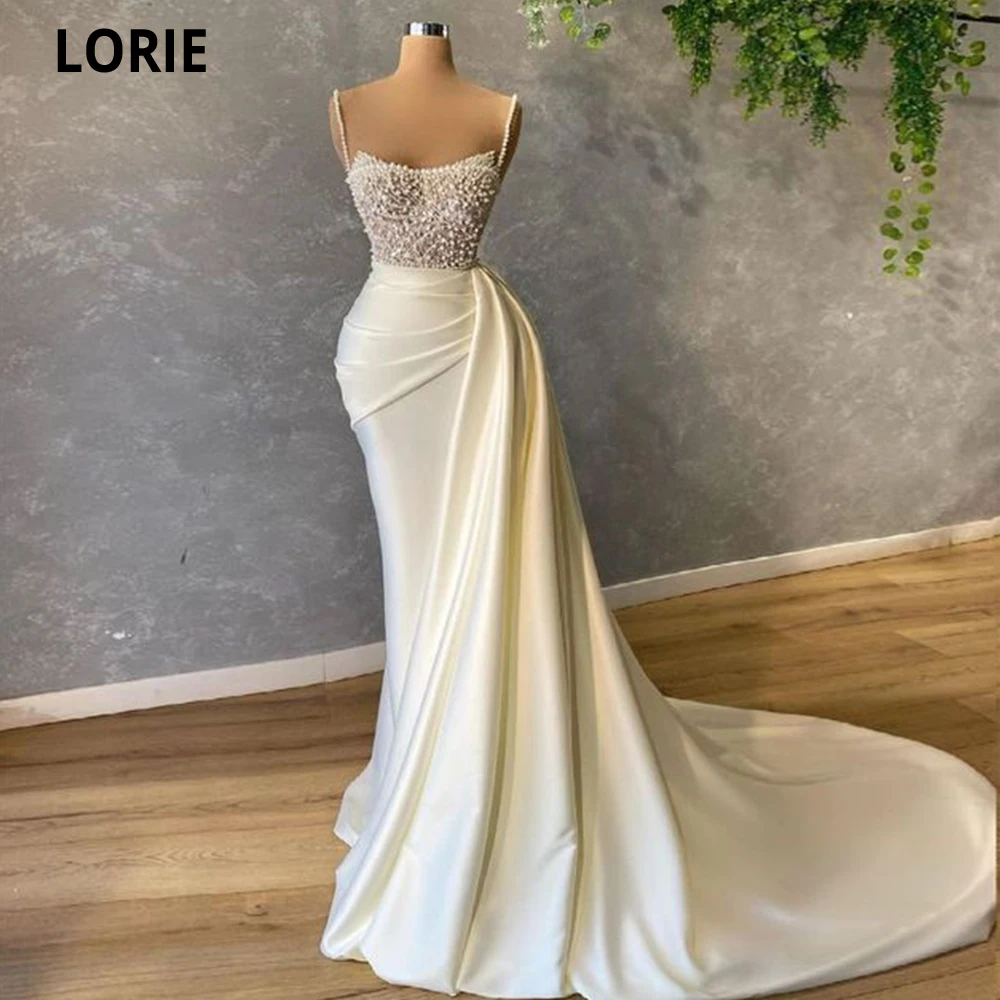 

LORIE Mermaid Soft Satin Evening Dresses 2021 Strapless Pearls Long Robe De Soirée Femme Vestidos De Fiesta Sweep Train