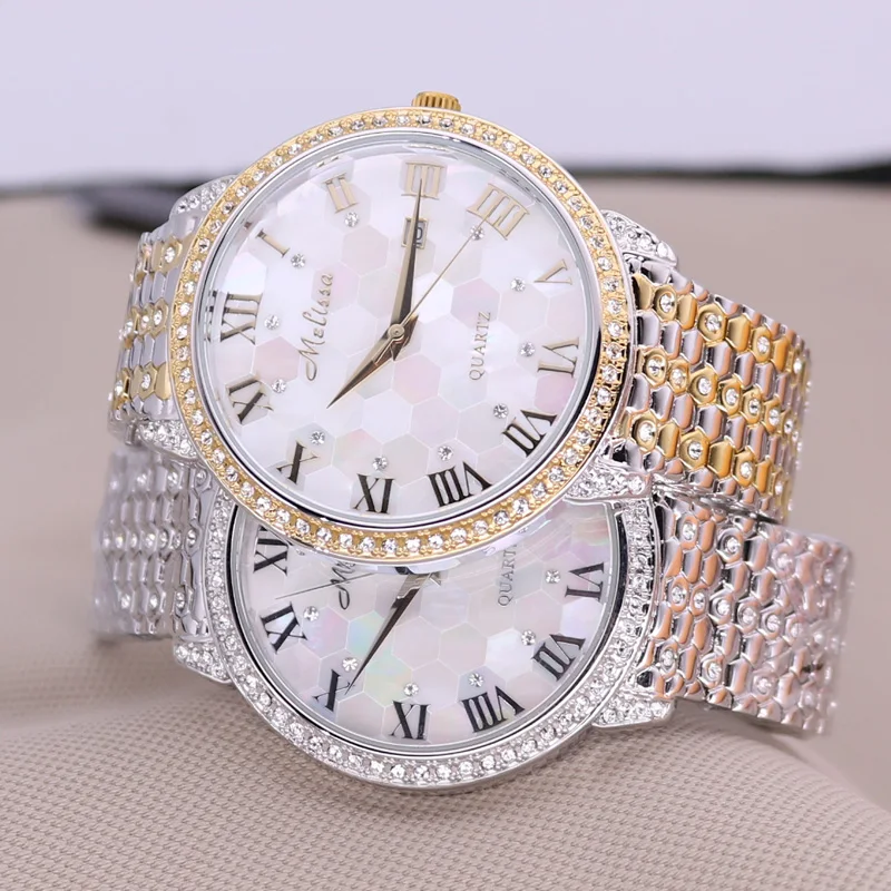 Auto Date Men's Watch Women's Watch Japan Mov Fashion Rhinestone Shell Luxury Crystal Lovers' Watch Birthday Gift Melissa Box