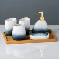 gradient color ceramic bathroom 6 piece cleaning set toothbrush cup lotion dispenser soap dish toothbrush holder wooden tray