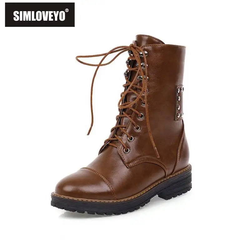 

Женские ботинки SIMLOVEYO, до середины икры, с заклепками, круглым носком, на толстом квадратном каблуке, из искусственной кожи, с перекрестной ш...