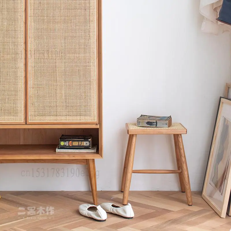 Yu Xian Rattan Stool Nordic Japanese-style Solid Wood Shoe-changing Entrance Porch Shoe Bench Side |