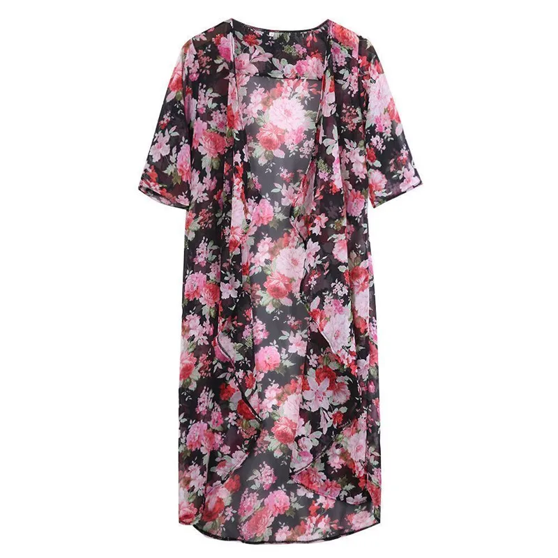 

Women Summer Flower Print Casual Loose Blouse Women Half Sleeve Cardigan Beach Cover Up Blouse Tops
