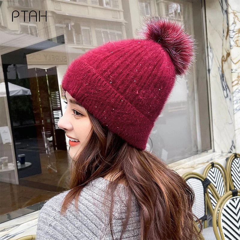 

[PTAH] Зимние облегающие шапки, женские модные роскошные шапочки, теплые однотонные вязаные шапки для девочек, шерстяная шапка в стиле хип-хоп,...