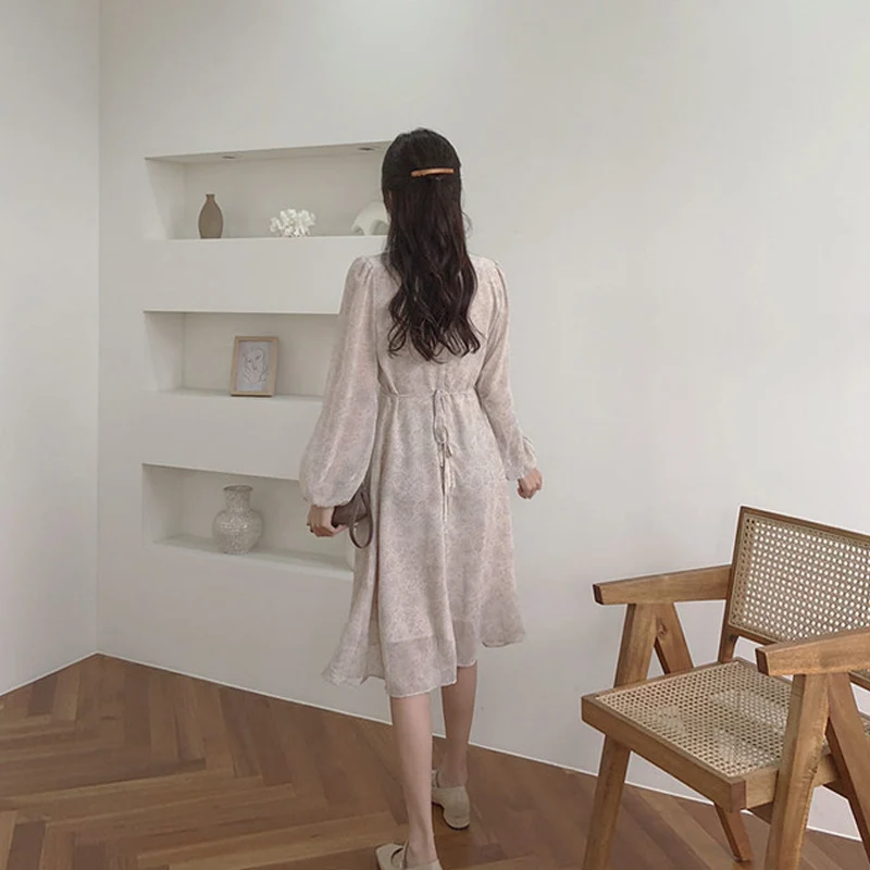 

2021 Elegant Summer Women Dress Chiffon Floral V-neck Dress for Women Casual Vintage Office Lady Loose Long Dress Vestido 14154