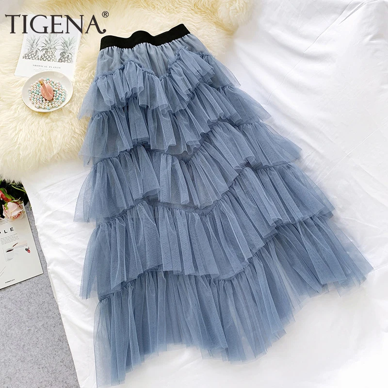 Женская плиссированная юбка макси TIGENA длинная из тюля в корейском стиле для