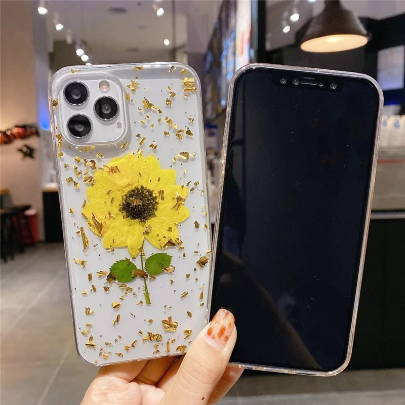 

Sunflower flowers gold foil silicone case for iphone 11 phone cases for iphone 12 Pro Max 8 7 Plus 6 6S X XR XS cover for women