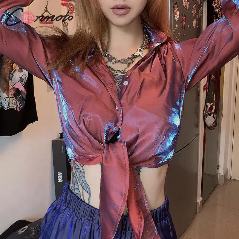 Женская блестящая блузка Conmoto короткий топ с длинным рукавом и бантом