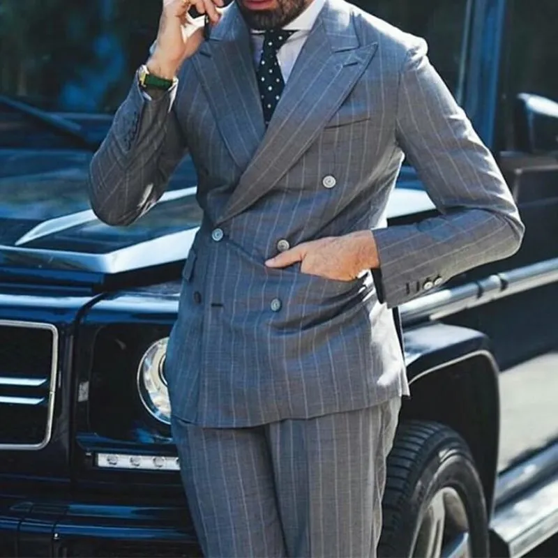 

Grey Double Breasted Costume Homme Men Suits Slim Fit 2 Pc Peak Lapel Terno Prom Tuxedos Wedding Groom Prom Blazer (Jacket+Pant)