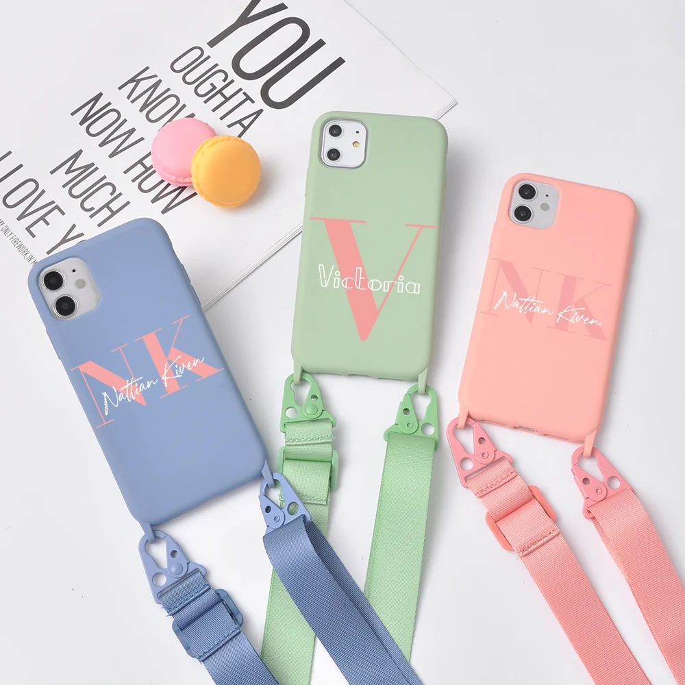 

Custom Name Phone Case With Strap Original Silicone Cover for iPhone 12 Pro 10 11 7 8 Plus X XR XS Max SE 2020 Funda DIY Coque