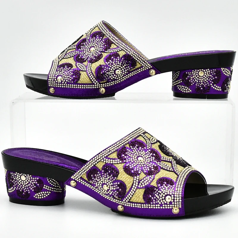 Latest Purple Color Italian Ladies Shoes and Bag Set Decorated with Rhinestone African Matching Bags In Women | Обувь