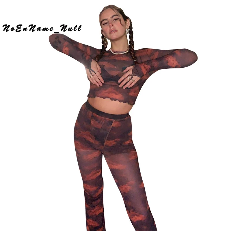 

Fashion tie dyed screen perspective suit Fashion Graphic Printed Skinny Mesh See-Through Two Pieces Set Women Sexy Punk suit